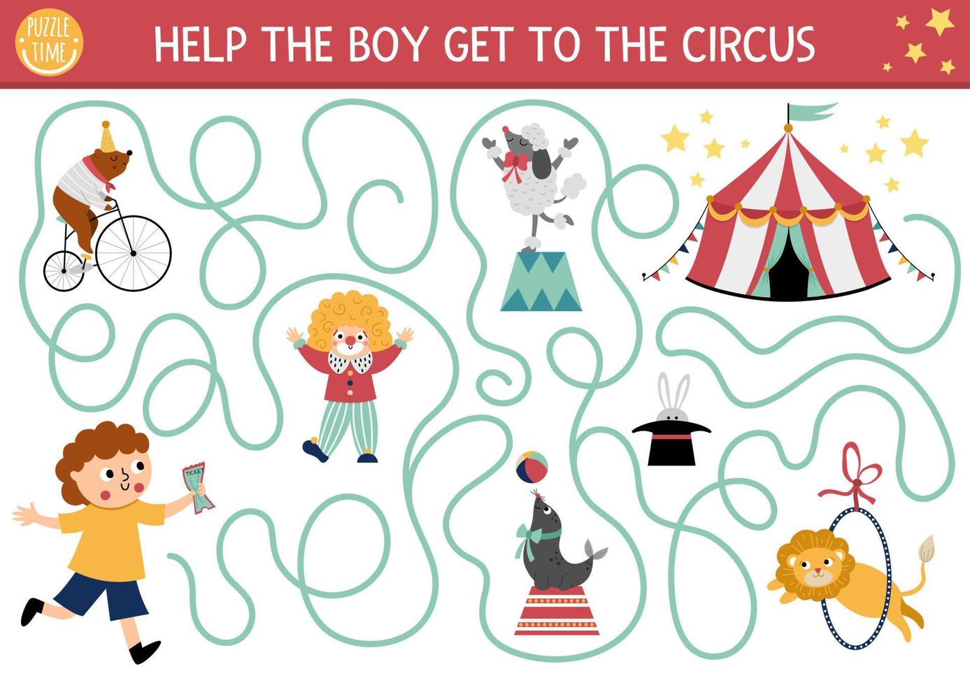Circus maze for kids with boy running to marquee. Amusement show preschool printable activity with clown, animal performers. Entertainment festival labyrinth game or puzzle vector