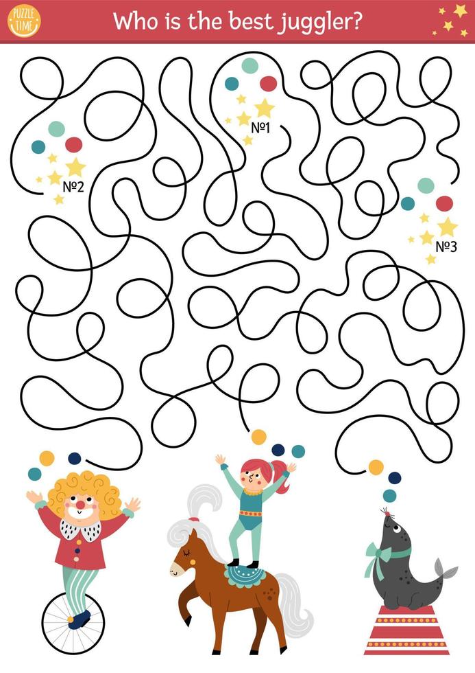 Circus maze for kids with clown, gymnast, sea lion. Amusement show preschool printable activity with artists. Entertainment festival labyrinth game or puzzle. Who is the best juggler vector