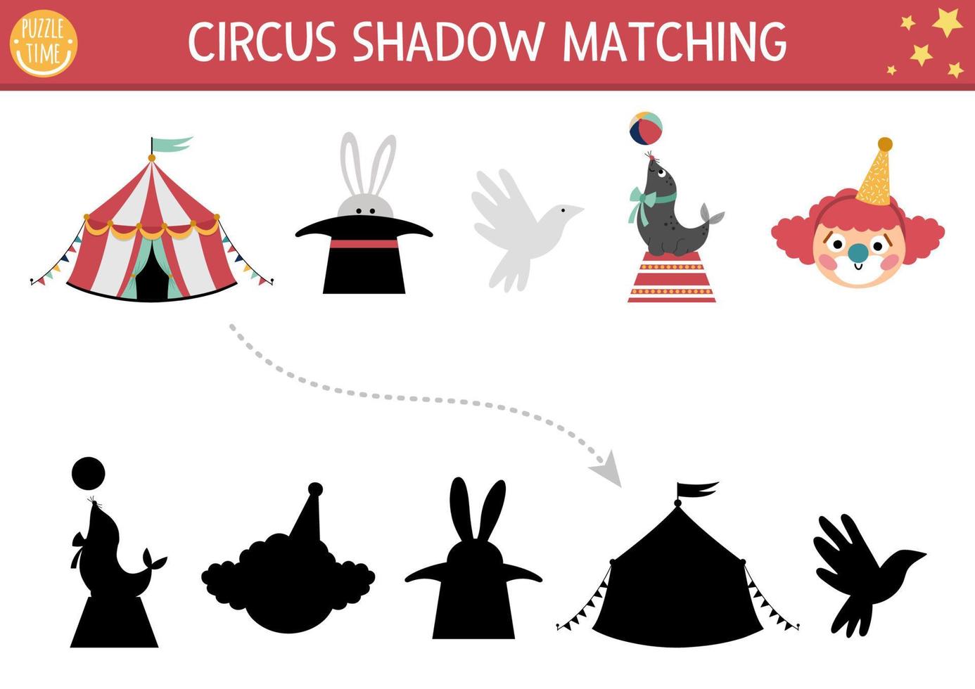 actividad de combinación de sombras de circo con payaso, carpa, león marino. rompecabezas de espectáculo de diversión. encuentre la hoja de trabajo o juego imprimible de silueta correcta. página del festival de entretenimiento para niños vector