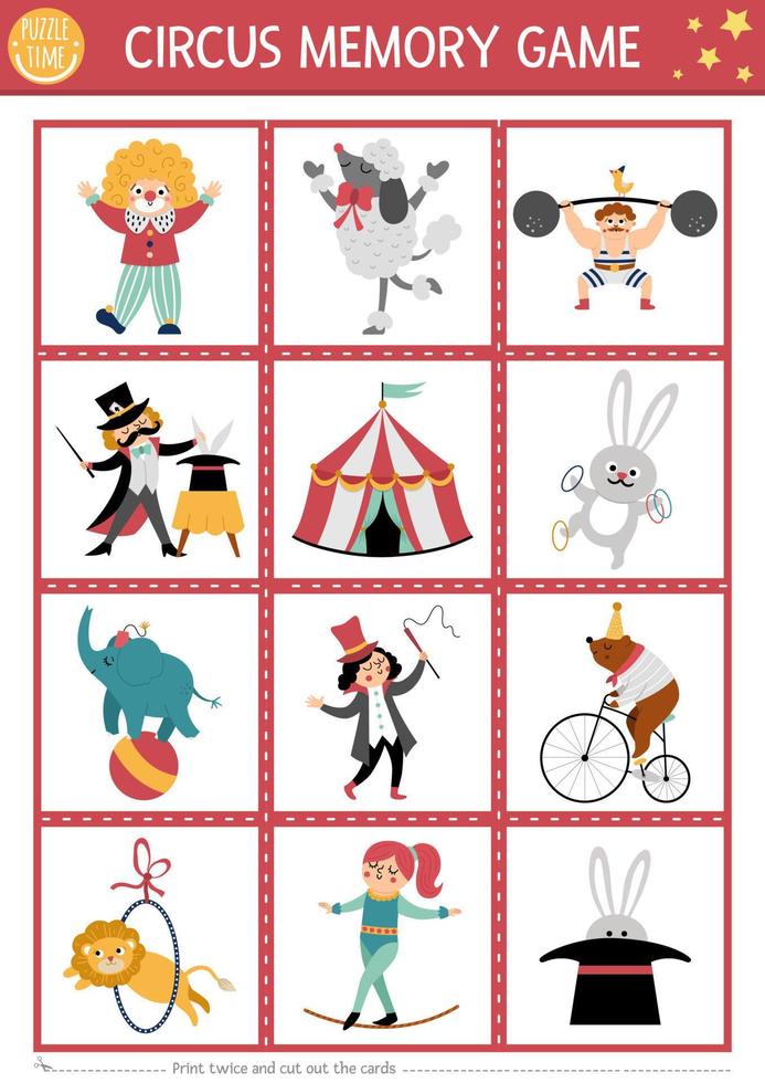 Vector circus memory game cards with cute artists. Amusement show matching activity. Remember and find correct card. Simple entertainment festival printable worksheet for kids