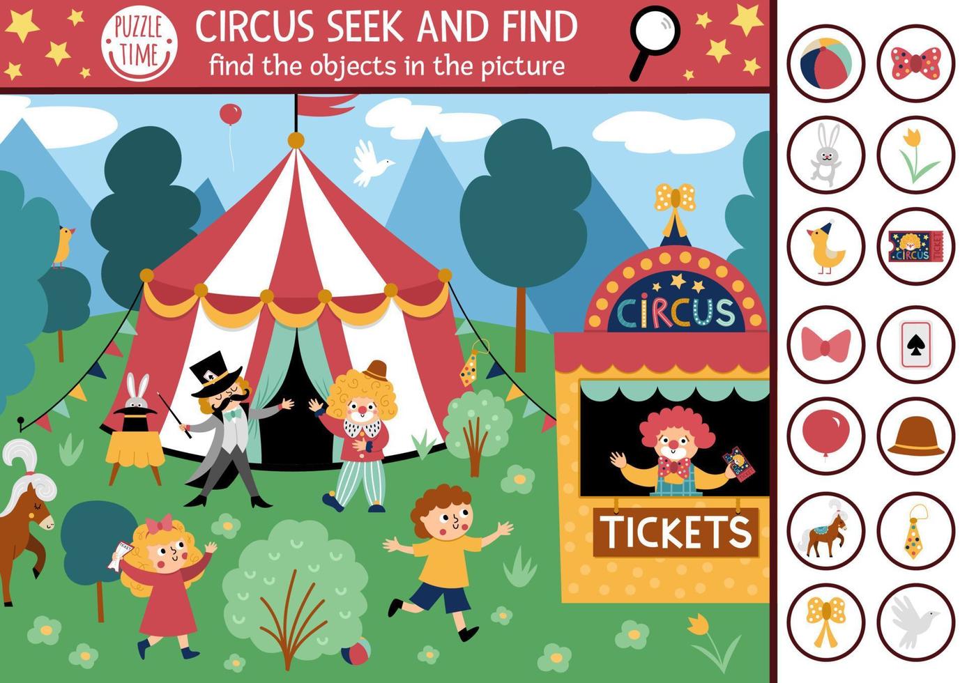 Vector circus searching game with amusement show marquee, clown. Spot hidden objects in the picture. Simple festival tent seek and find educational printable activity for kids