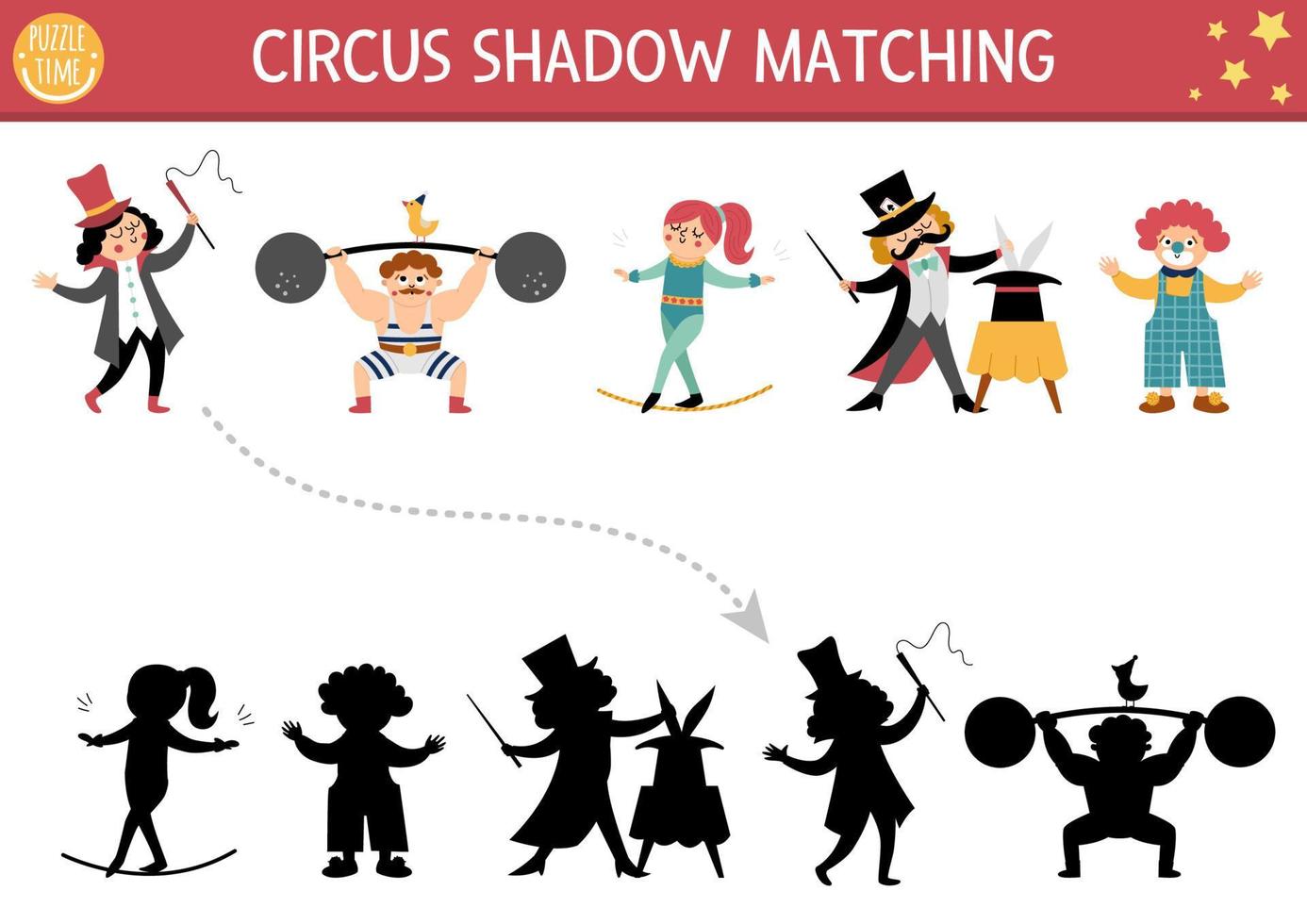 Circus shadow matching activity with cute performers. Amusement show puzzle with funny artists. Find correct silhouette printable worksheet or game. Entertainment festival page for kids vector