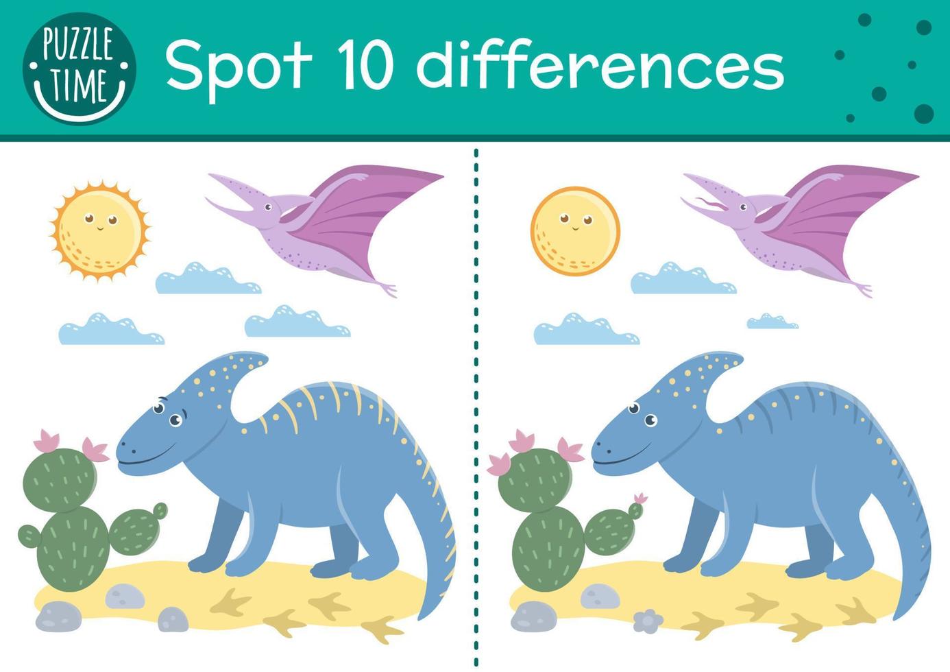 Prehistoric find differences game for children. Jurassic period educational activity with funny dinosaur. Printable worksheet with dino, cactus, sun. Cute ancient animal puzzle for kids vector