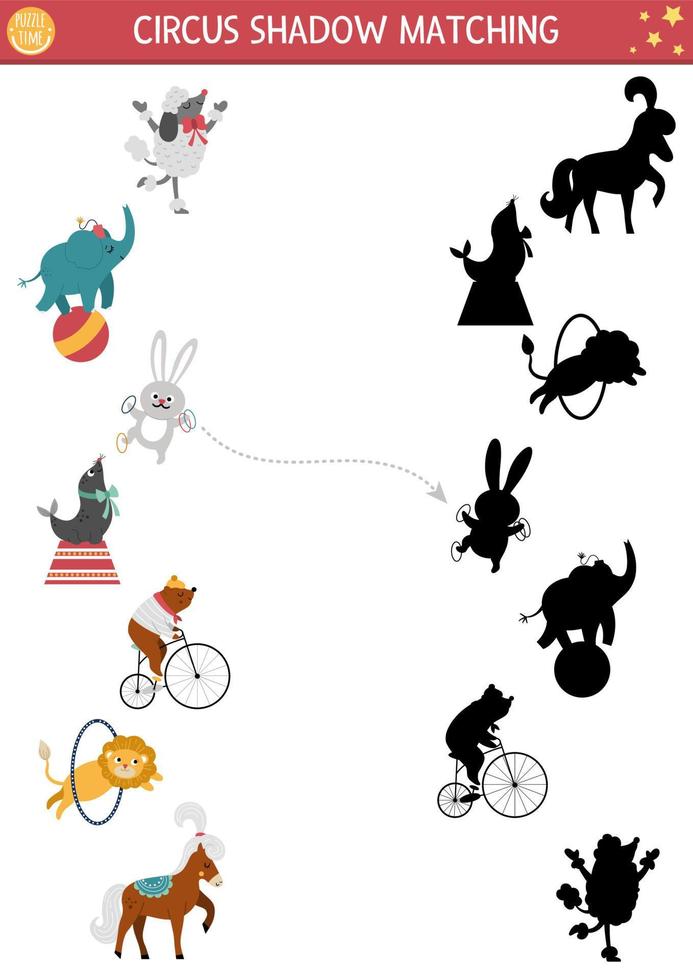 Circus shadow matching activity with cute performers. Amusement show puzzle with funny animal artists. Find correct silhouette printable worksheet. Entertainment festival page for kids vector