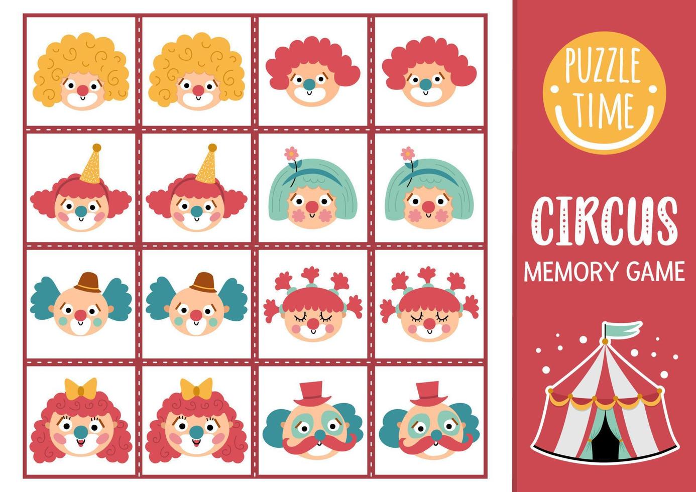 Vector circus memory game cards with cute clown faces. Amusement show matching activity. Remember and find correct card. Simple festival printable worksheet for kids