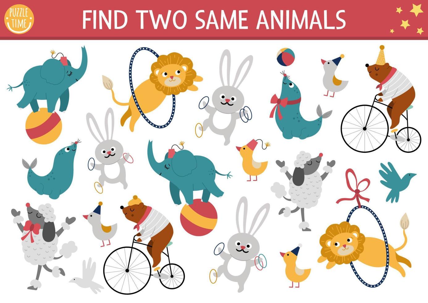 Find two same circus animals. Matching activity for children. Amusement show educational quiz worksheet for kids for attention skills. Simple entertainment festival printable game vector