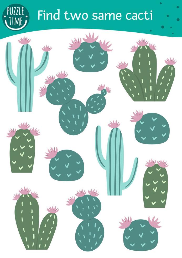 Find two same cacti. Tropical matching activity for preschool children. Funny game for kids with cactus. Logical attention printable worksheet. Quiz with cute prickly desert plants vector