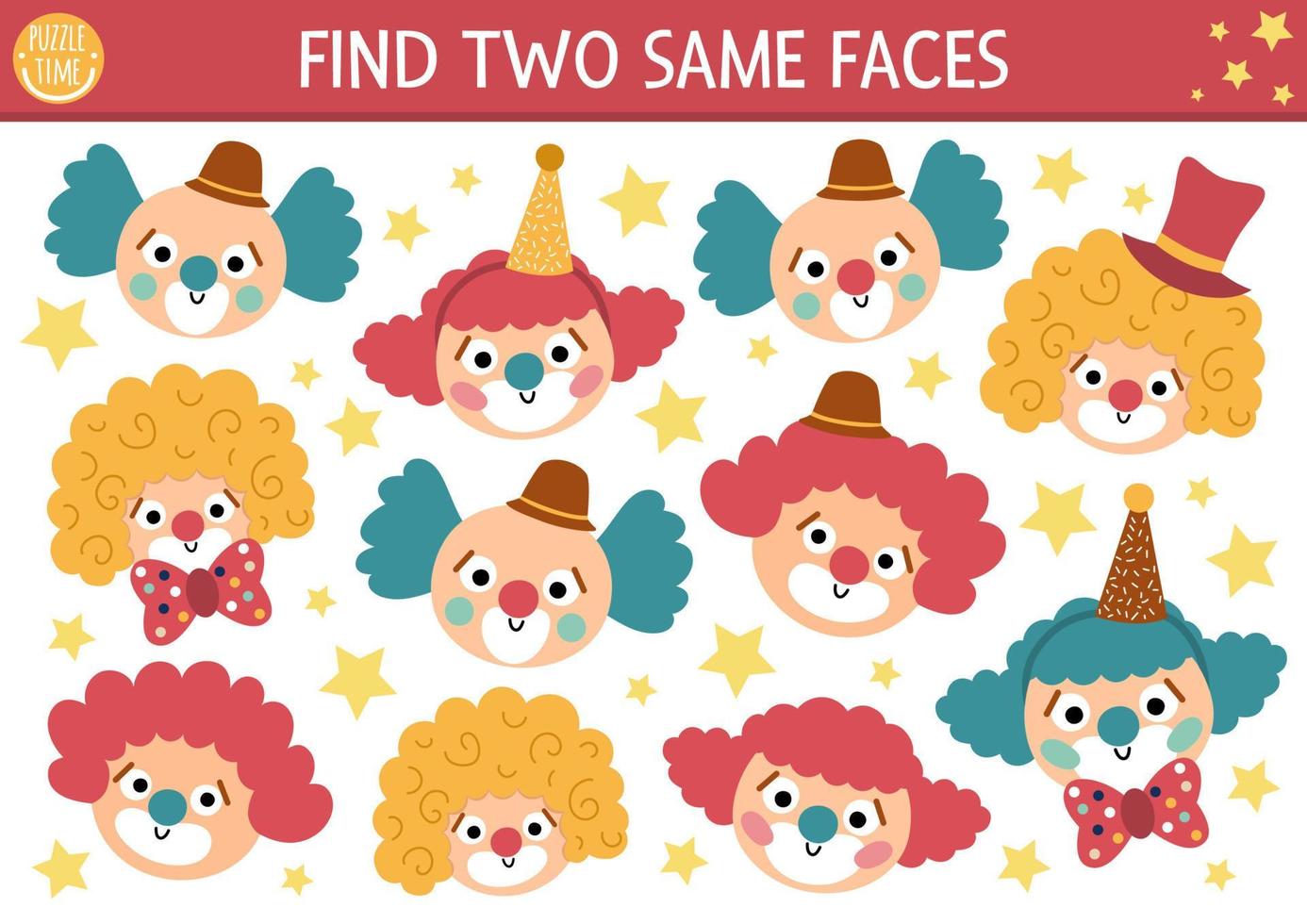 Find two same clown faces. Circus matching activity for children. Amusement show educational quiz worksheet for kids for attention skills. Simple entertainment festival printable game vector