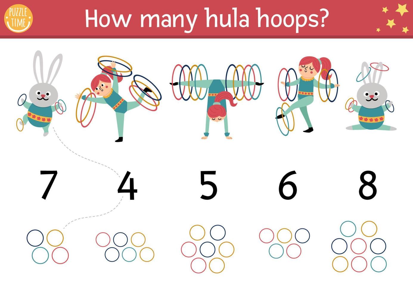 Match the numbers circus game with cute gymnasts and hula hoops. Amusement show math activity for preschool kids. Festival printable counting worksheet with funny rabbit and acrobat girl vector