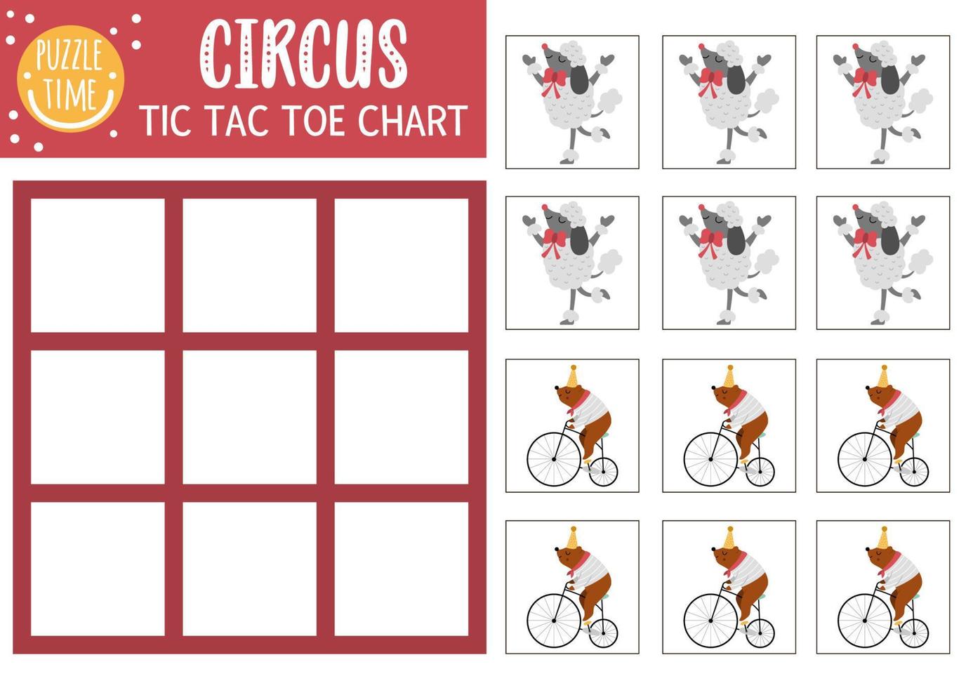 gráfico vectorial de circo tic tac toe con artistas animales. campo de juego de juego de mesa de entretenimiento con artistas divertidos. Hoja de trabajo imprimible del festival de espectáculos callejeros. cuadrícula de ceros y cruces vector