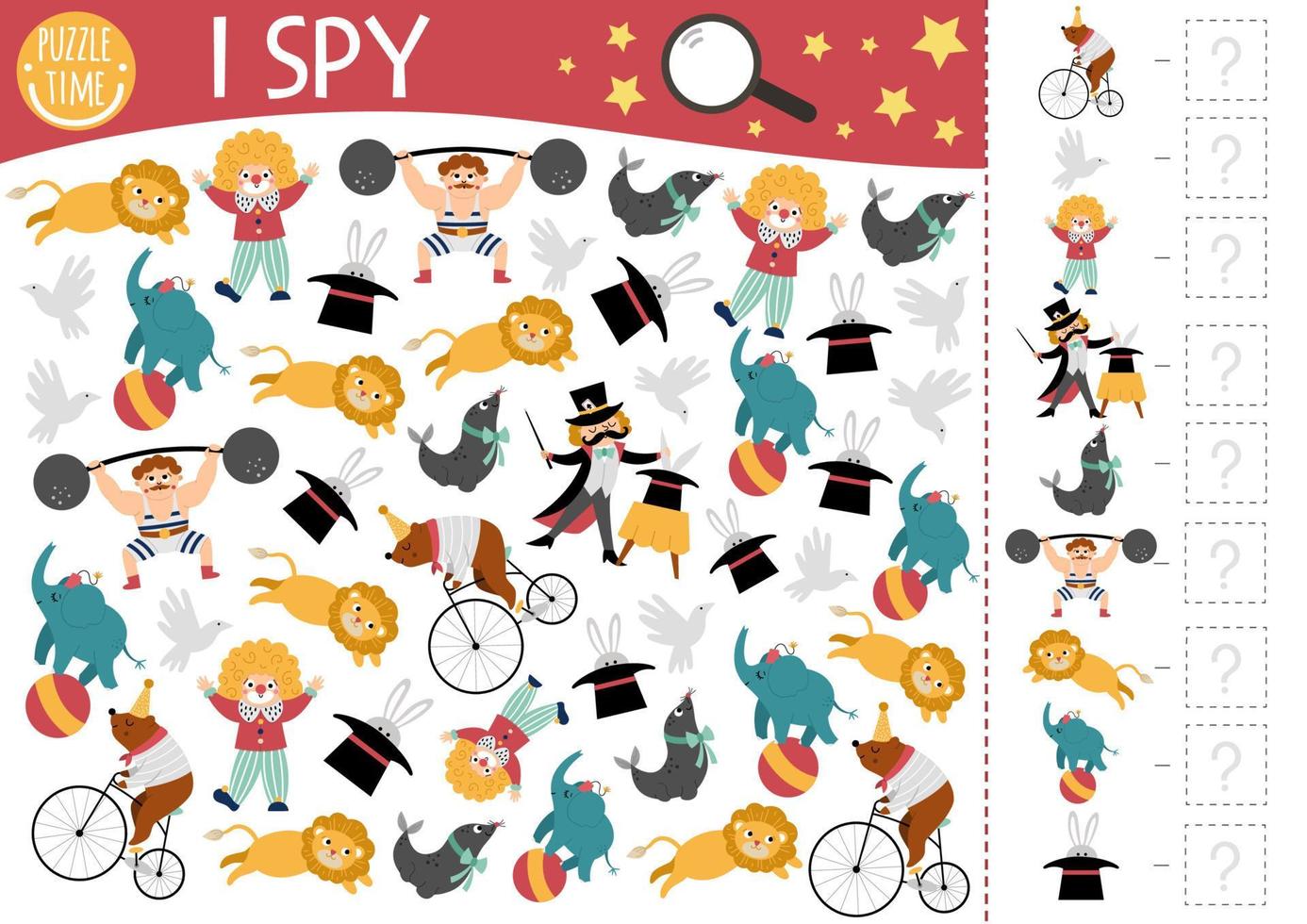 Circus I spy game for kids. Searching and counting activity with funny artists. Amusement street show printable worksheet for preschool children. Simple festival spotting puzzle vector