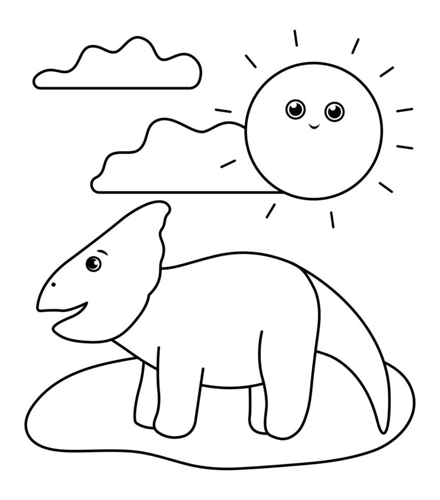 Black and white dino under the sun. Summer scene outline illustration with cute protoceratops dinosaur. Funny prehistoric reptiles coloring page for children vector