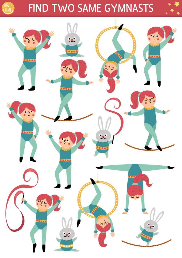 Find two same gymnasts. Circus matching activity for children. Amusement show educational quiz worksheet for kids for attention skills. Simple entertainment festival printable game vector