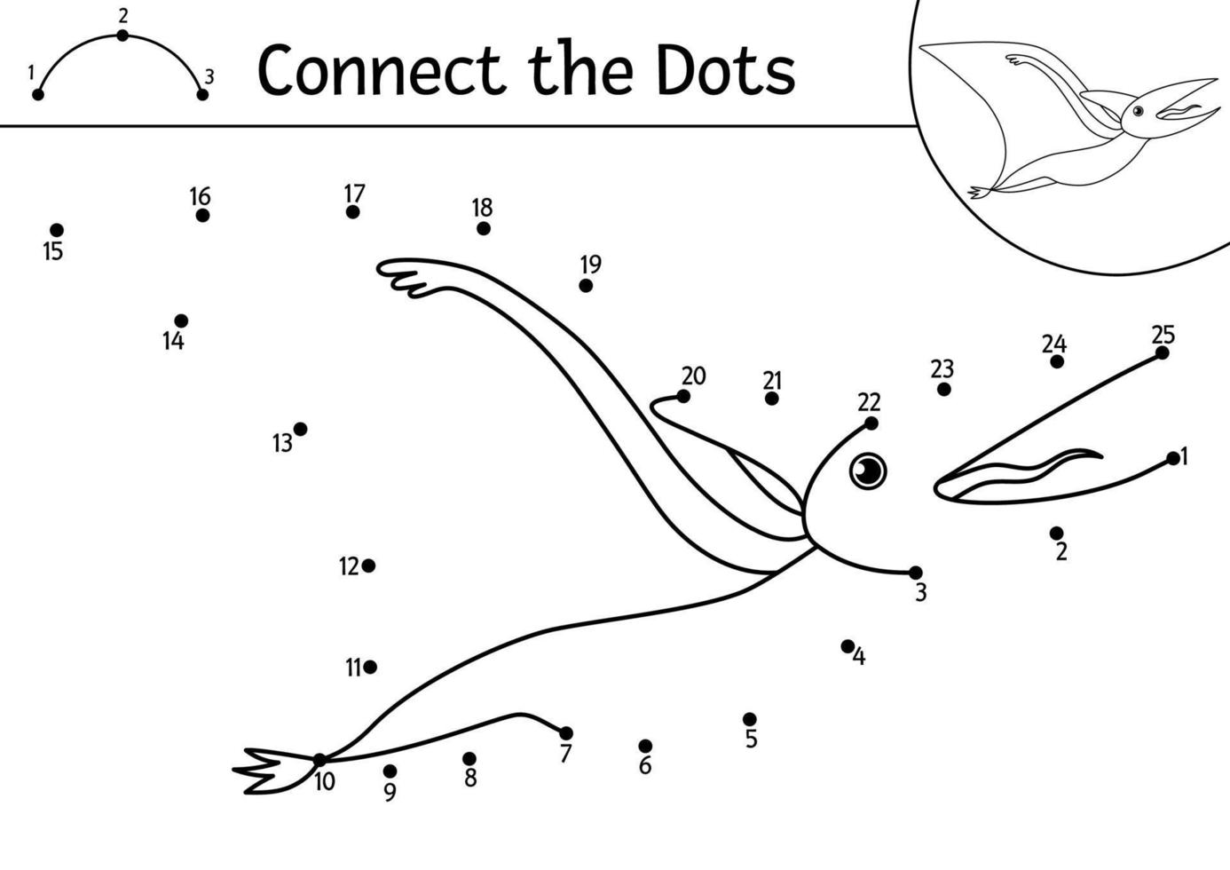 Vector dot-to-dot and color activity with cute flying pterodactyl dinosaur. Prehistoric connect the dots game for children. Funny math coloring page for kids with dino