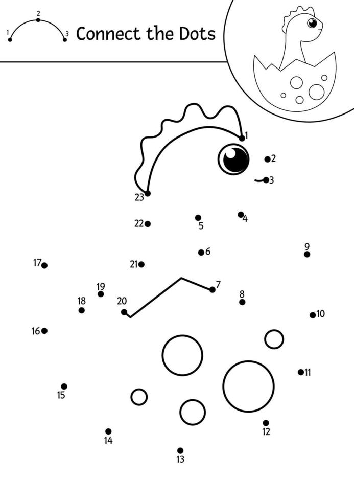 Vector dot-to-dot and color activity with cute baby dinosaur in egg. Prehistoric connect the dots game for children. Funny math coloring page for kids with little dino