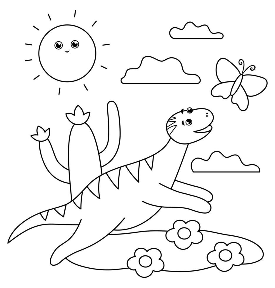 dino blanco y negro corriendo por una mariposa bajo el sol. ilustración de contorno de escena de verano con lindo dinosaurio. divertidos reptiles prehistóricos página para colorear para niños vector