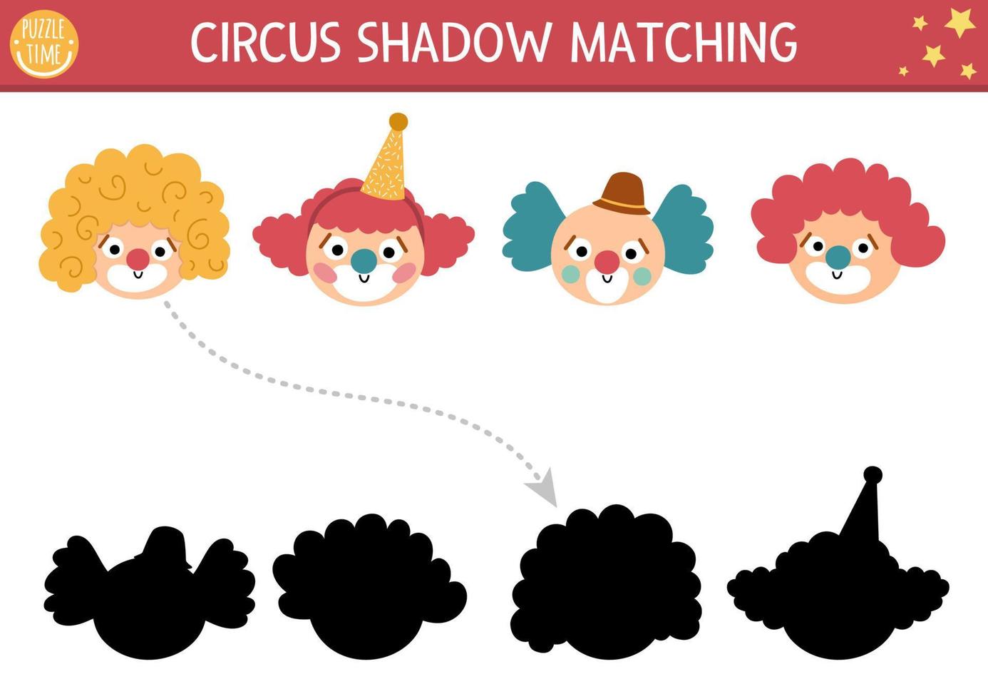 Circus shadow matching activity with cute clown faces. Amusement show puzzle with funny characters. Find correct silhouette printable worksheet or game. Entertainment festival page for kids vector
