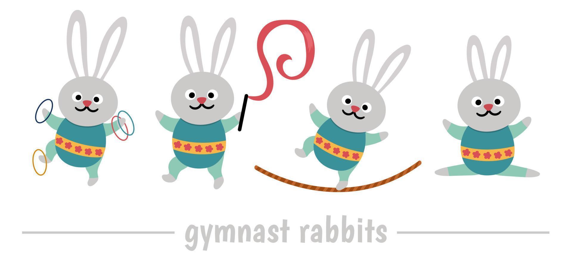 Vector set with gymnast rabbits with hula hoop, tightrope, ribbon. Cute funny animal acrobat. Circus or sport artist clipart. Amusement holiday icons pack. Festival character clip art