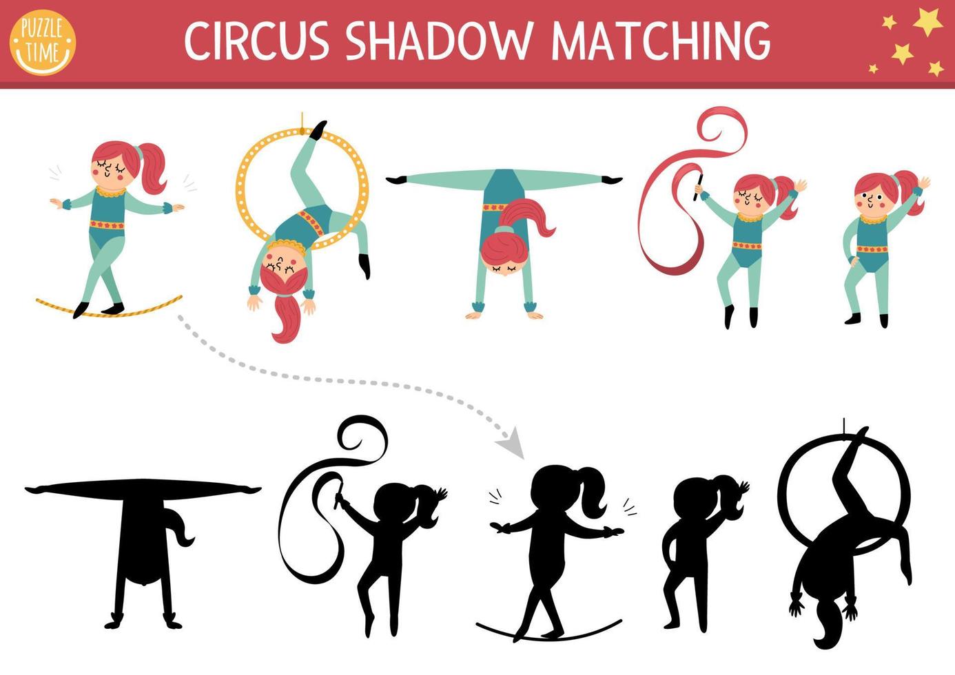 Circus shadow matching activity with cute gymnasts. Amusement show puzzle with funny characters. Find correct silhouette printable worksheet or game. Entertainment festival page for kids vector