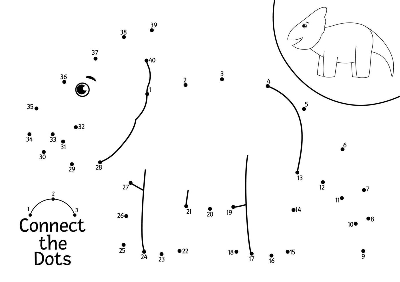 Vector dot-to-dot and color activity with cute protoceratops dinosaur. Prehistoric connect the dots game for children. Funny math coloring page for kids with dino