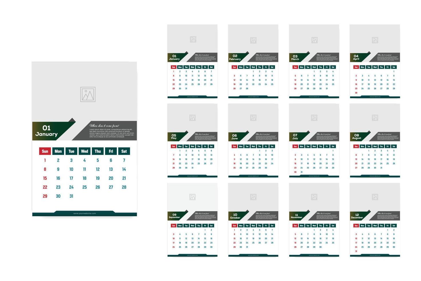 Calendar template for 2023 year. Week starts on Sunday. Wall planner with photo image. vector