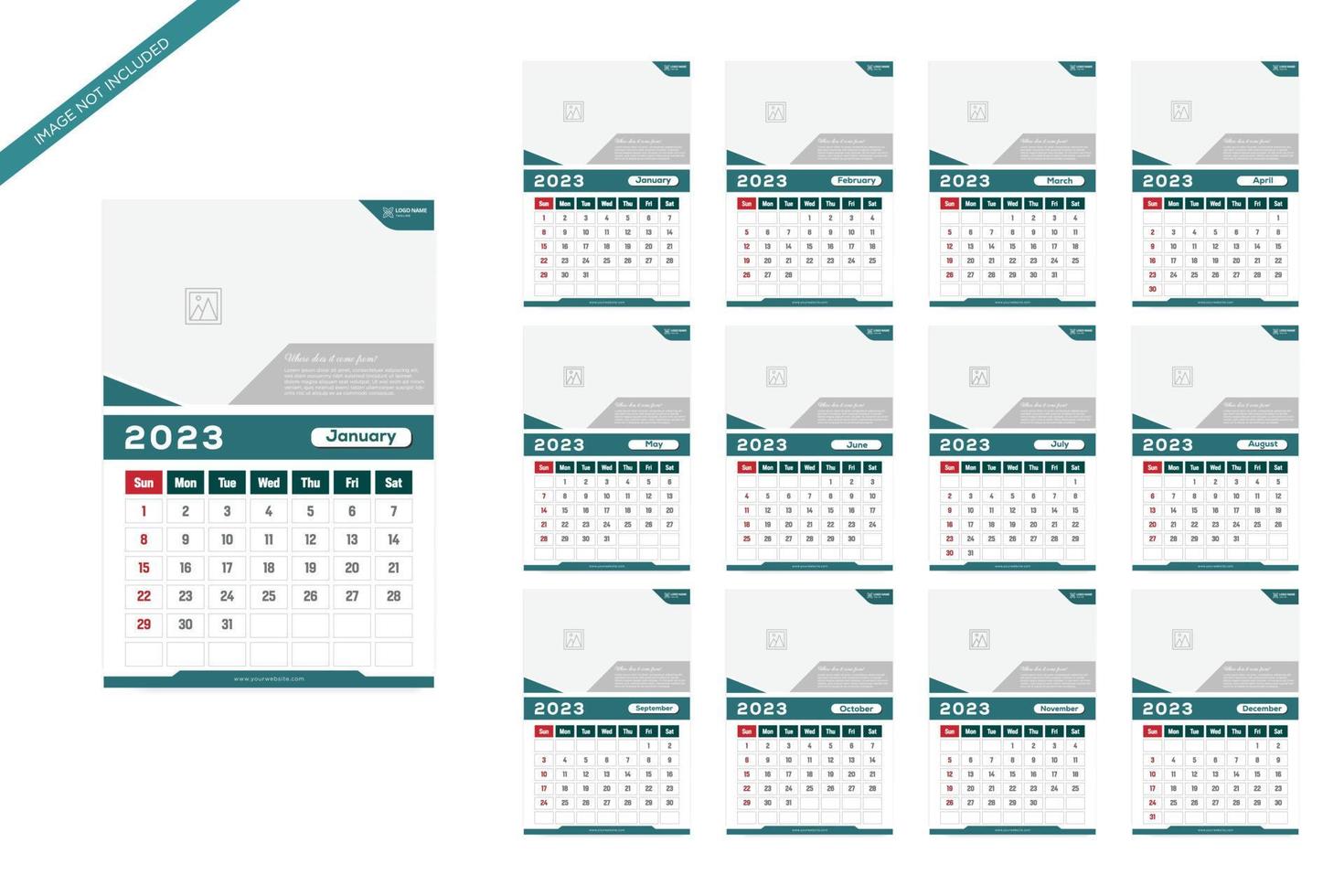 Calendar template for 2023 year. Week starts on Sunday. Wall planner with photo image. vector