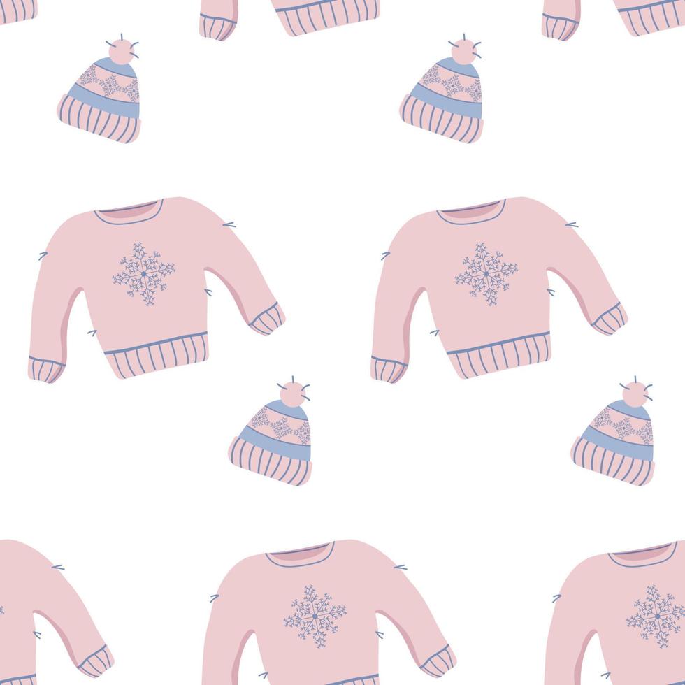 Seamless winter christmas knitted warm sweater and hat pattern vector