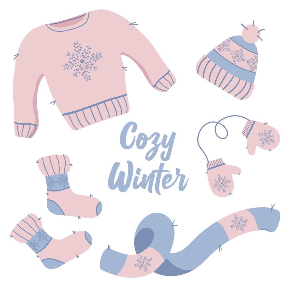 Winter christmas knitted warm clothes scarf, hat, mittens, socks and sweater set vector