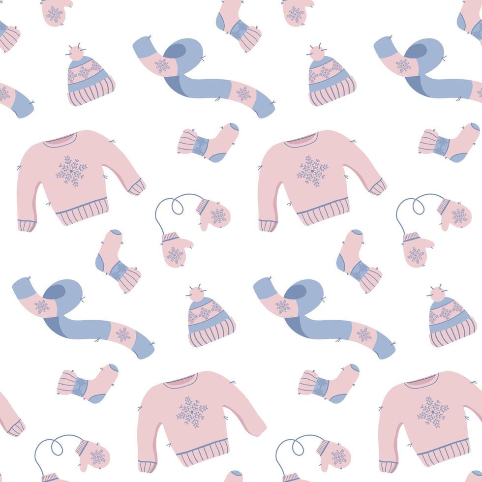 Seamless winter christmas knitted warm clothes pattern mittens, sweater, scarf, socks, hat vector
