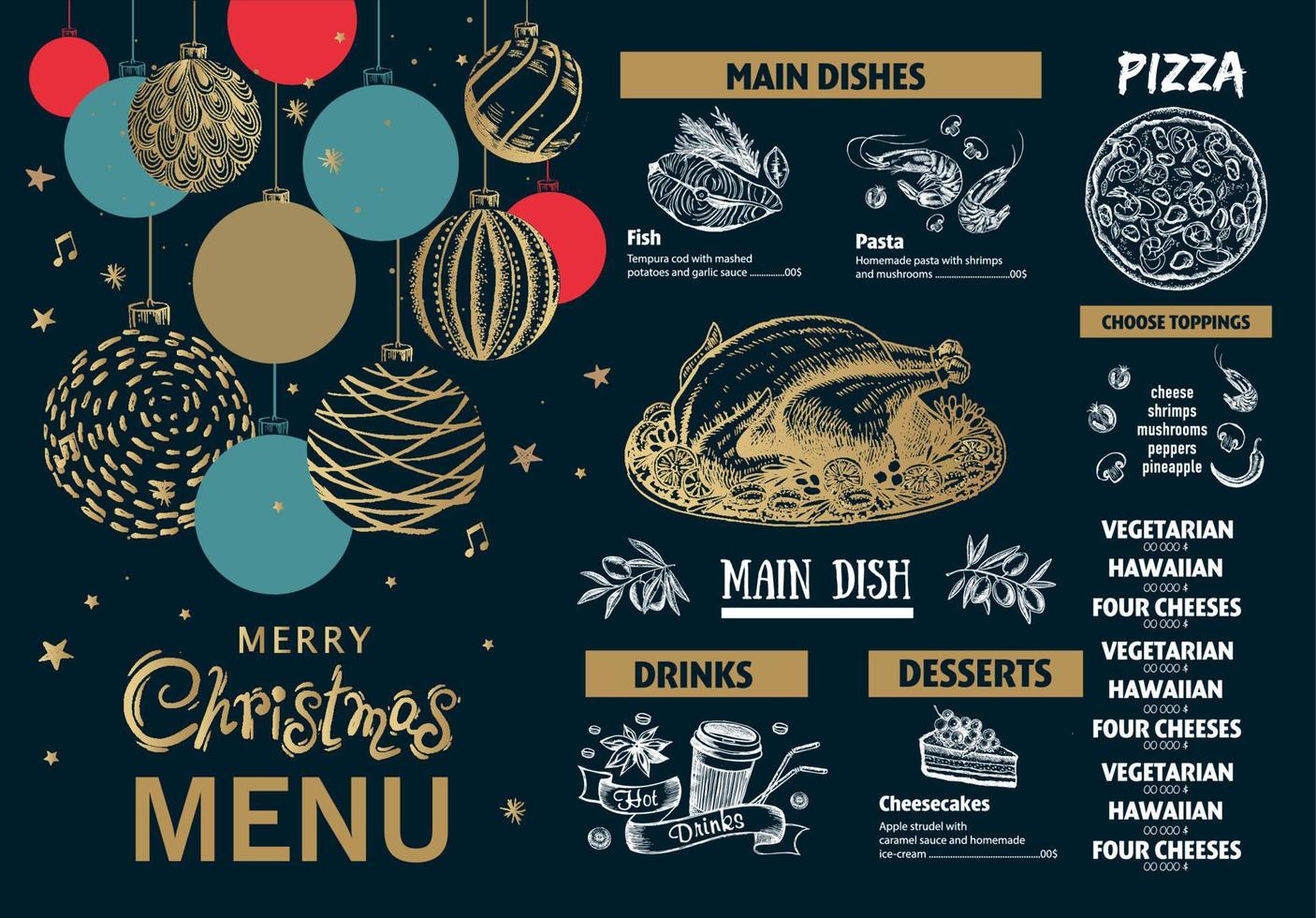 Christmas menu, template, Hand drawn illustration. vector
