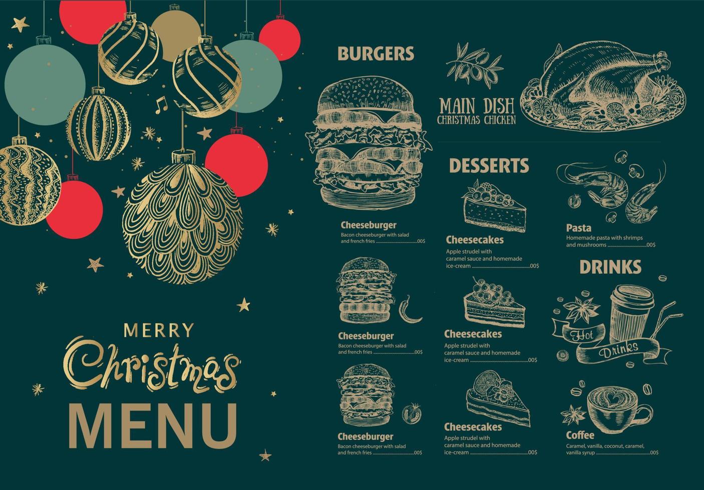 Christmas menu, template, Hand drawn illustration. vector