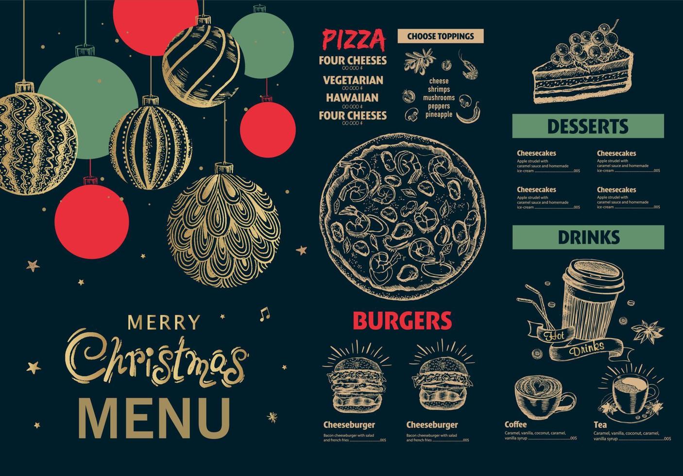 Christmas menu, template, Hand drawn illustration. vector