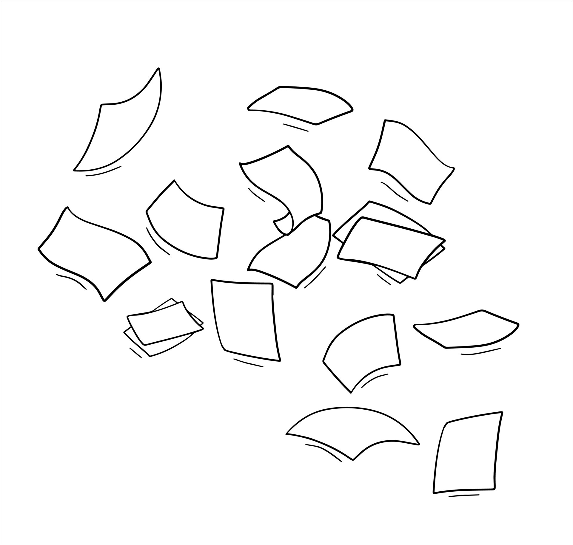 Paper files of documents fall down. Flying sheets. Blank sheet