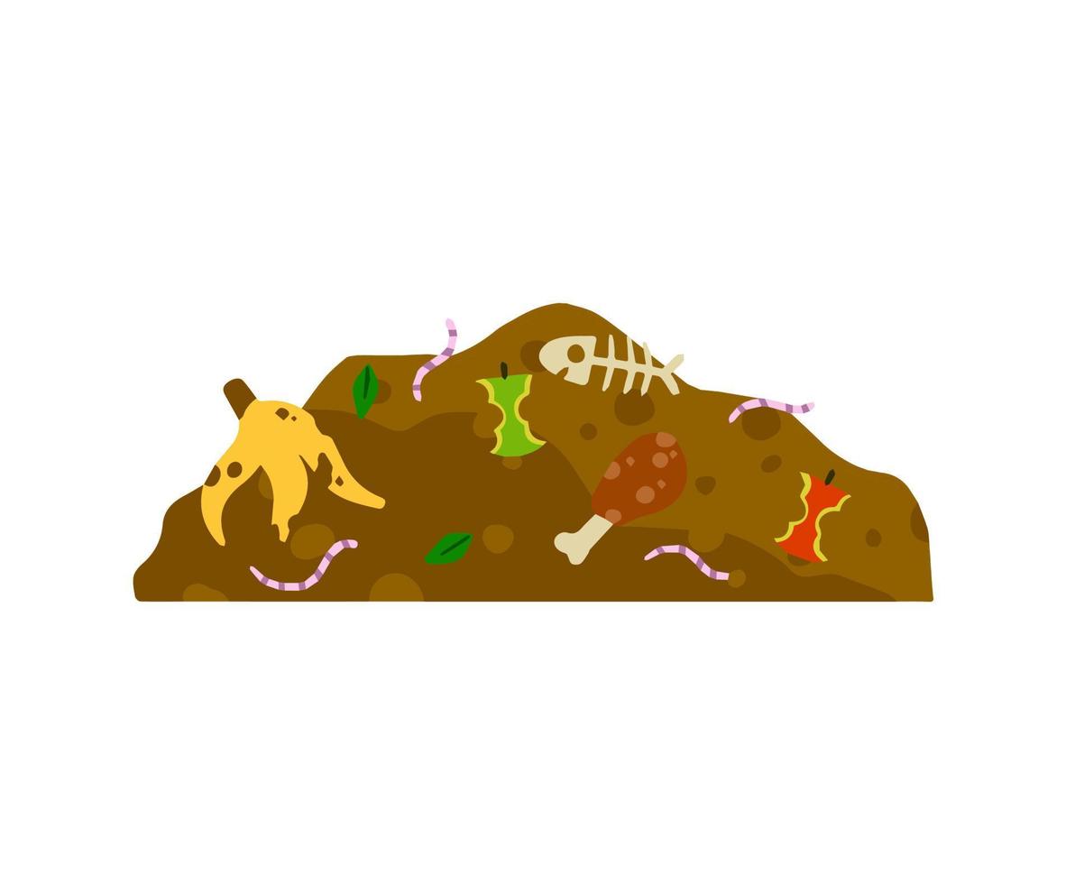 Compost soil. Pile of earth with worms. Farming and food waste. Ecological humus. Flat cartoon vector