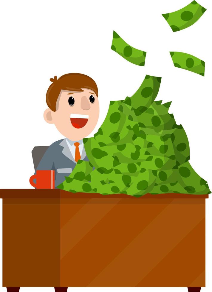 Businessman and lot of money. Office employee, salary and bonus. Rich and successful man sits at table. Green pile of banknotes. Cartoon flat illustration vector
