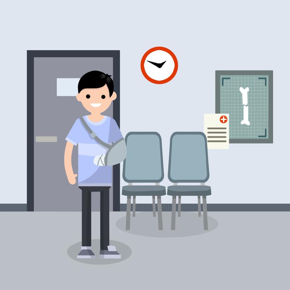 Man with broken arm in doctor office in hospital. Hand in bandage. Providing medical care. Trauma patient. Crack in bone. X-rays and chairs. Cartoon flat illustration vector