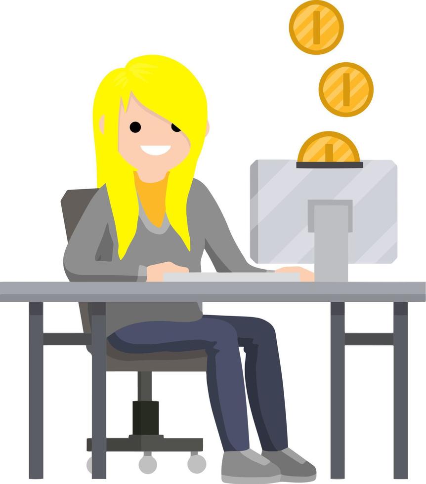 mujer sentada a la mesa con la computadora. ingresos y salarios en línea. monedas de oro. ilustración plana de dibujos animados. Trabajo freelance y programador. chica feliz vector
