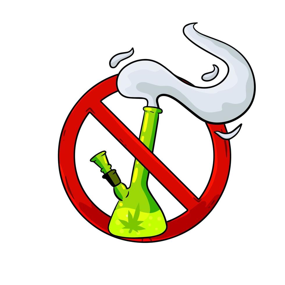 bong prohibición de las drogas. detener la marihuana. instrumento de vidrio para fumar ganja. señal roja. ilustración de dibujos animados vector