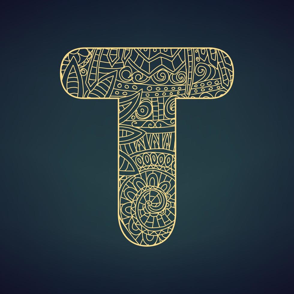 Letter T in doodle style, mandala. Alphabet in the golden style, vector illustration for coloring page