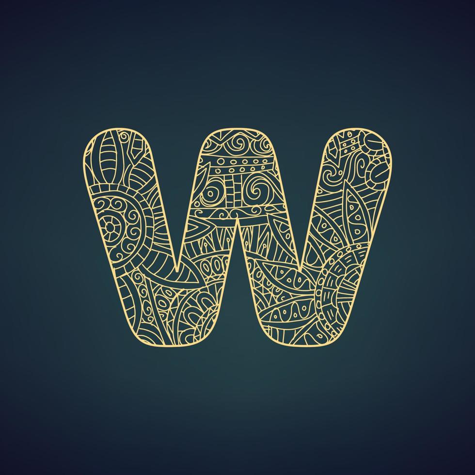 Letter W in doodle style, mandala. Alphabet in the golden style, vector illustration for coloring page
