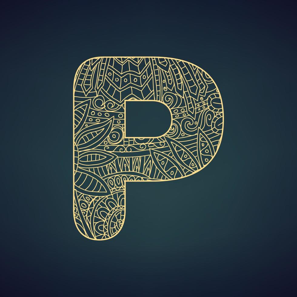 Letter P in doodle style, mandala. Alphabet in the golden style, vector illustration for coloring page
