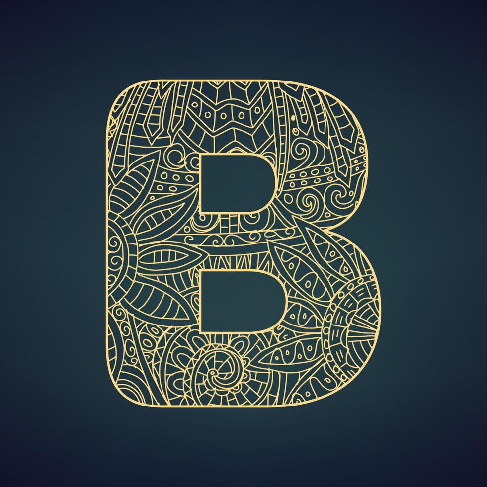 Letter B in doodle style, mandala. Alphabet in the golden style, vector illustration for coloring page
