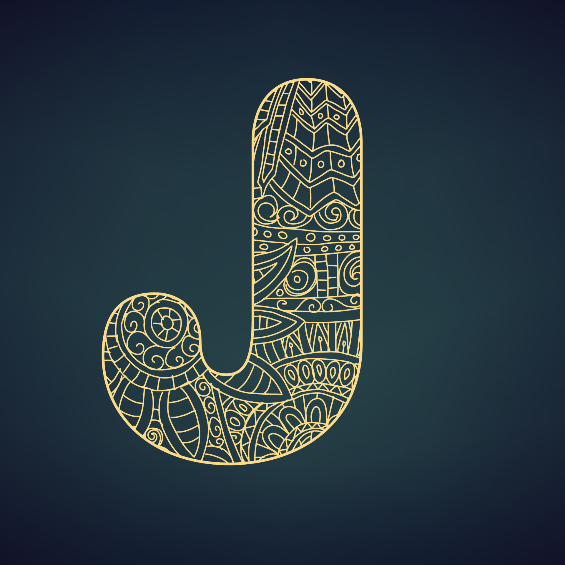 Letter J in doodle style, mandala. Alphabet in the golden style, vector