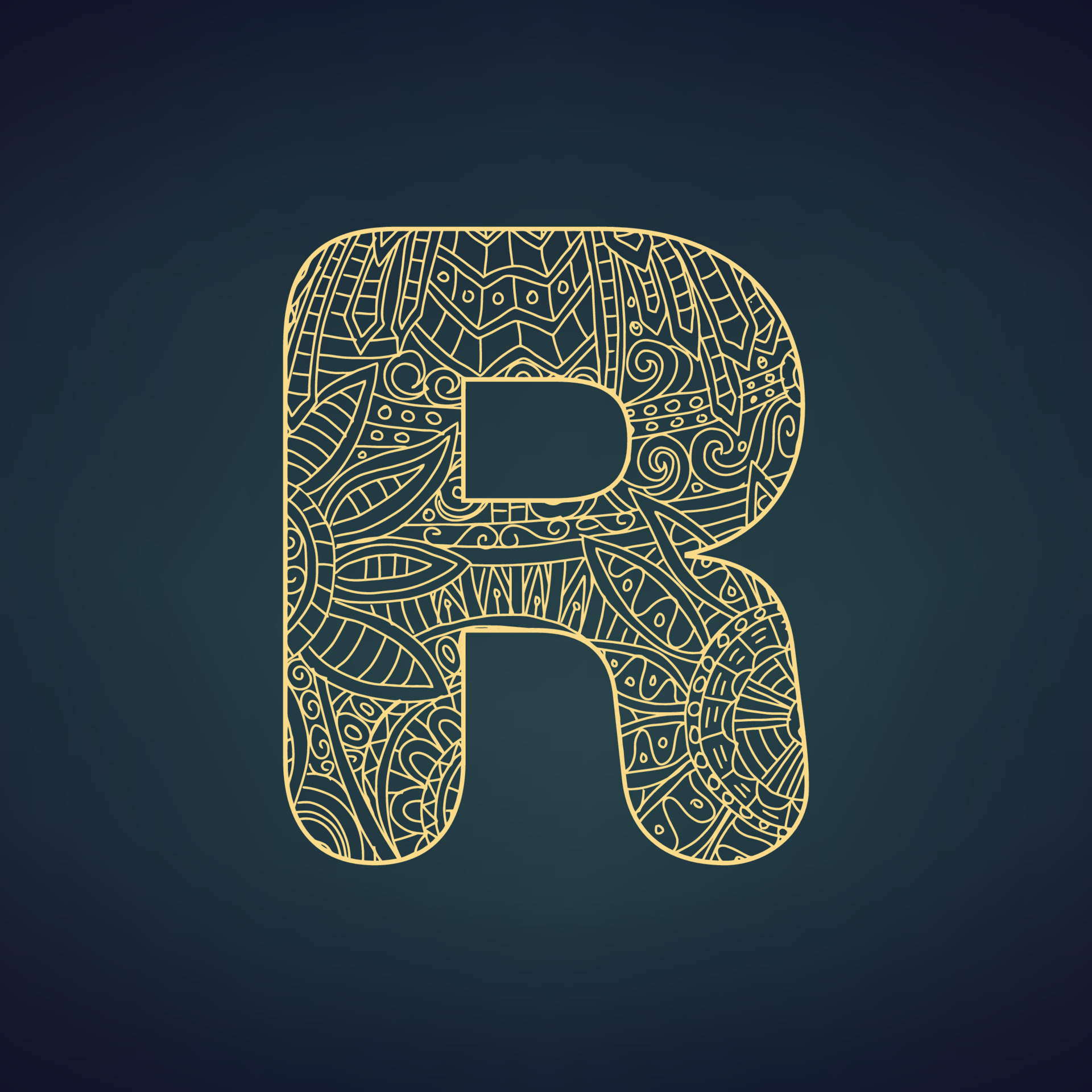 Letter R in doodle style, mandala. Alphabet in the golden style, vector