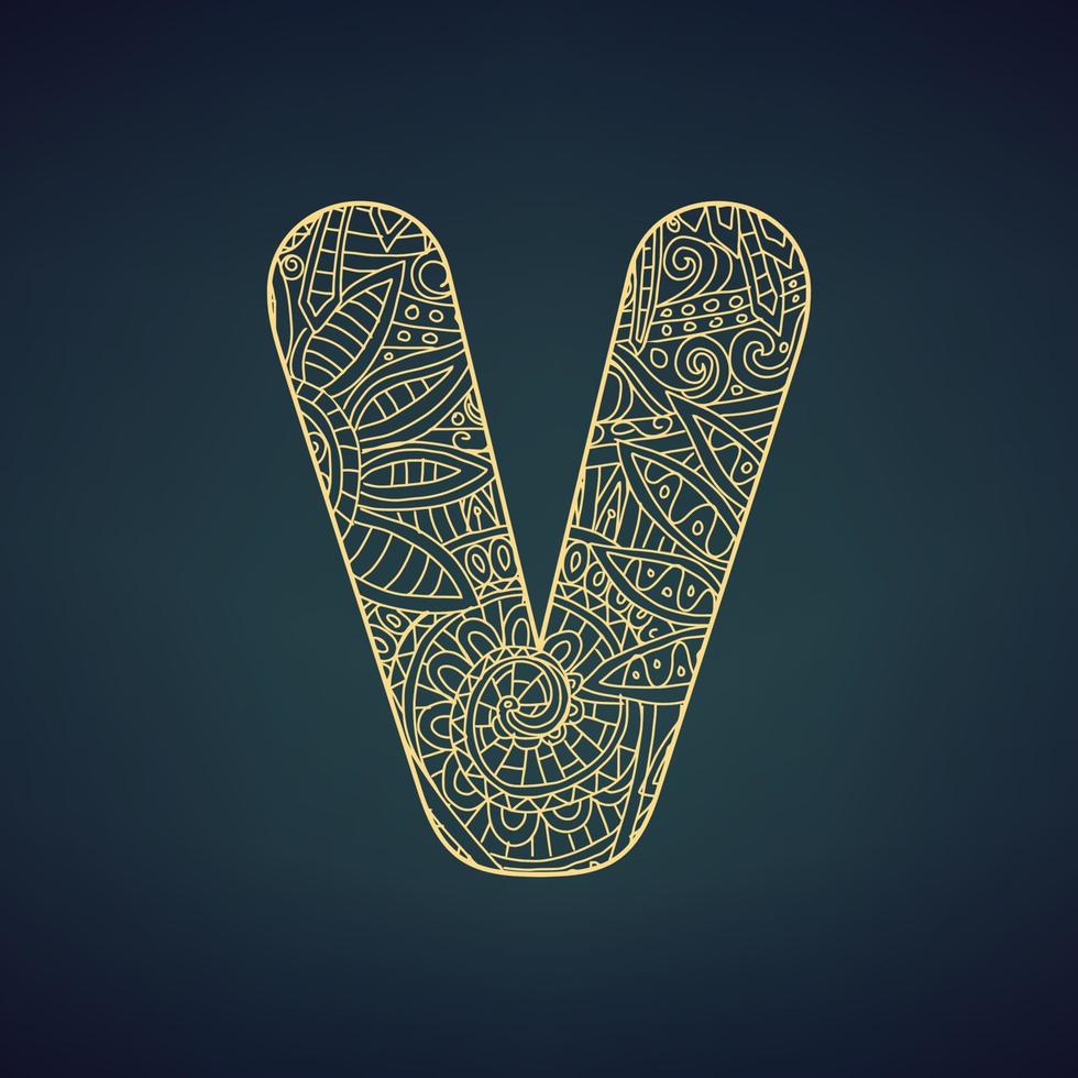 Letter V in doodle style, mandala. Alphabet in the golden style, vector illustration for coloring page