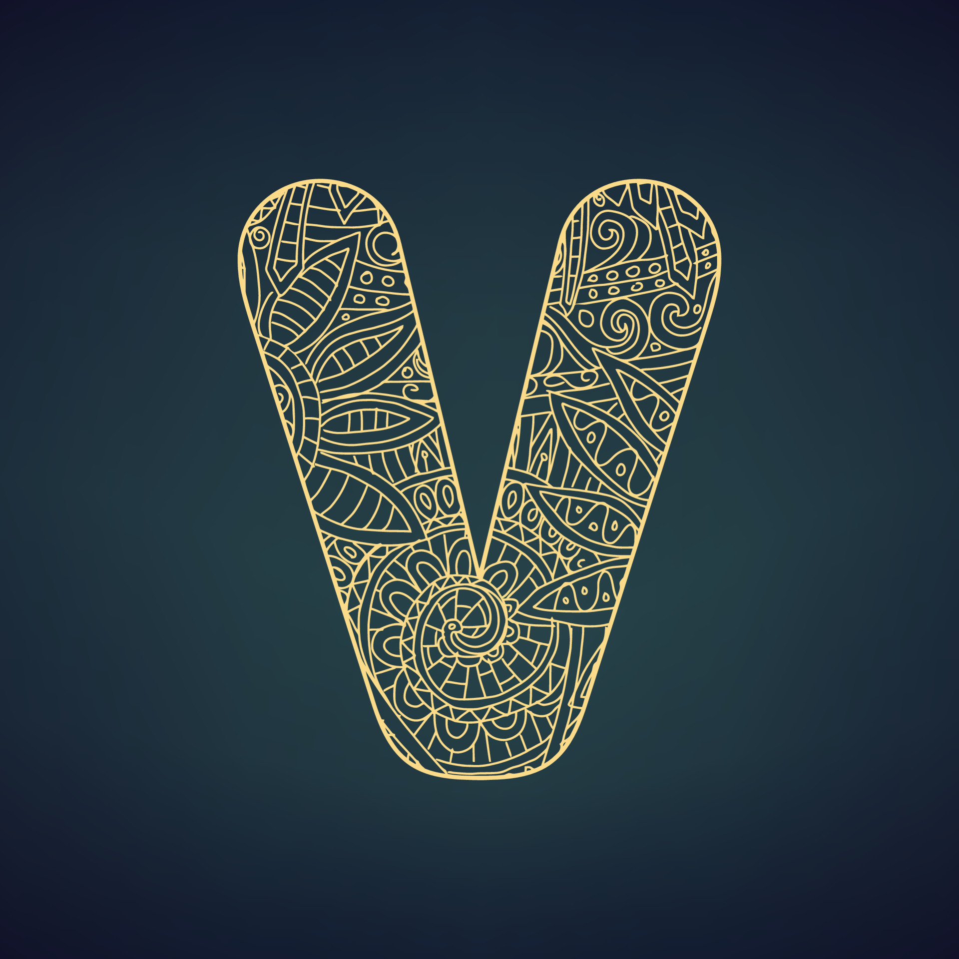 Letter V in doodle style, mandala. Alphabet in the golden style, vector