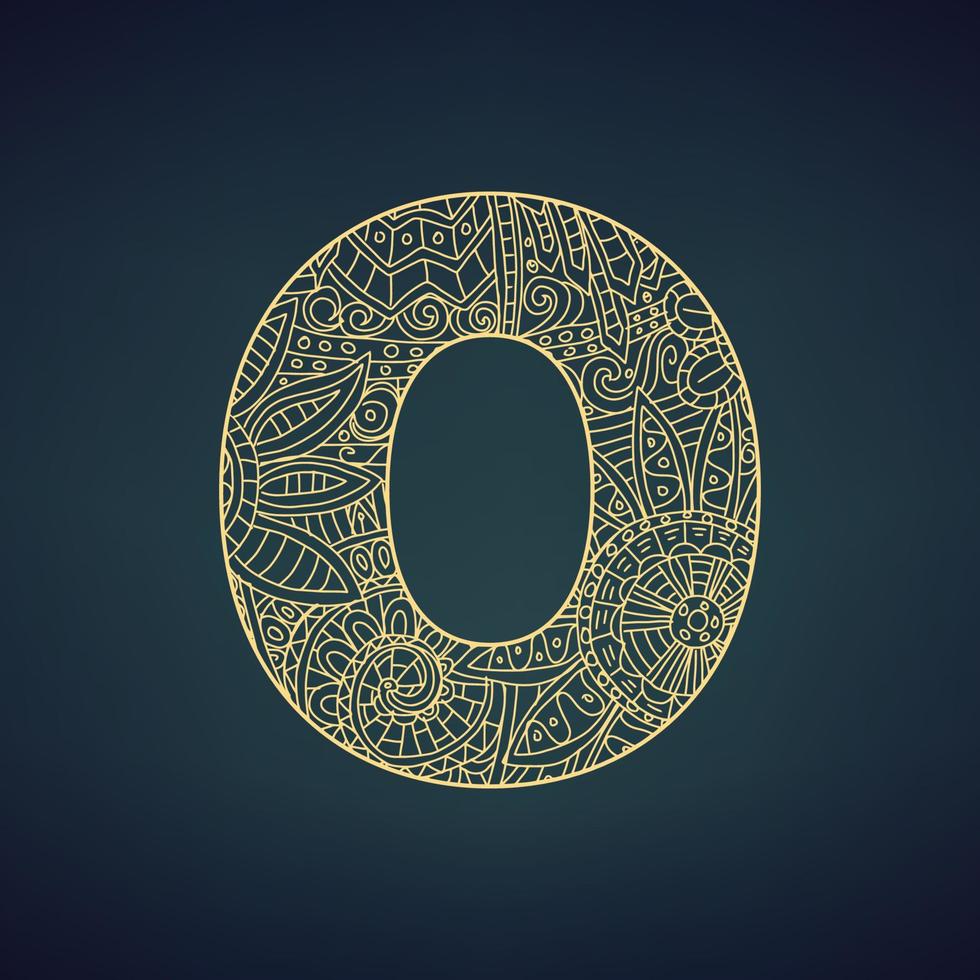 Letter O in doodle style, mandala. Alphabet in the golden style, vector illustration for coloring page