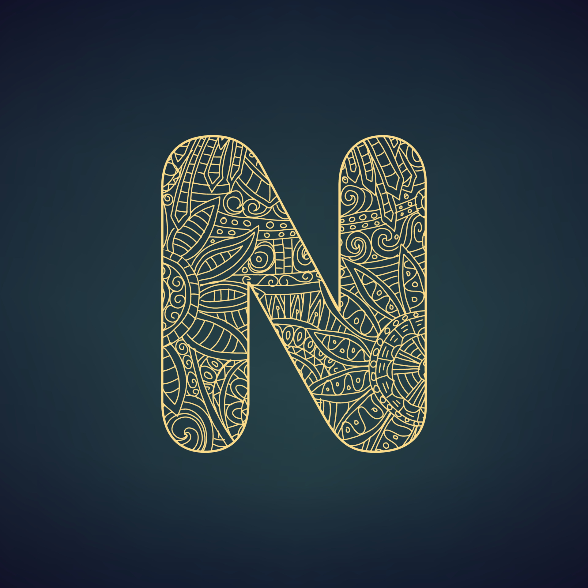 Letter N in doodle style, mandala. Alphabet in the golden style, vector