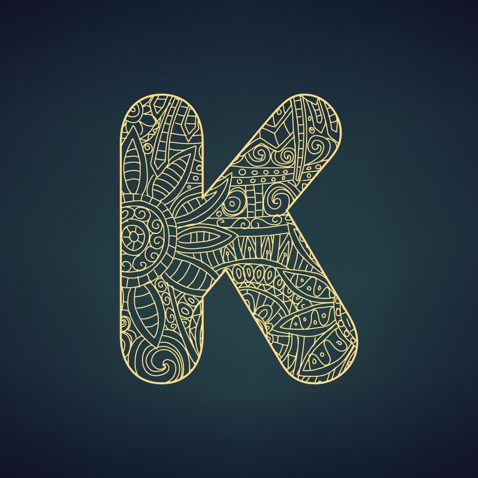 Letter K in doodle style, mandala. Alphabet in the golden style, vector illustration for coloring page