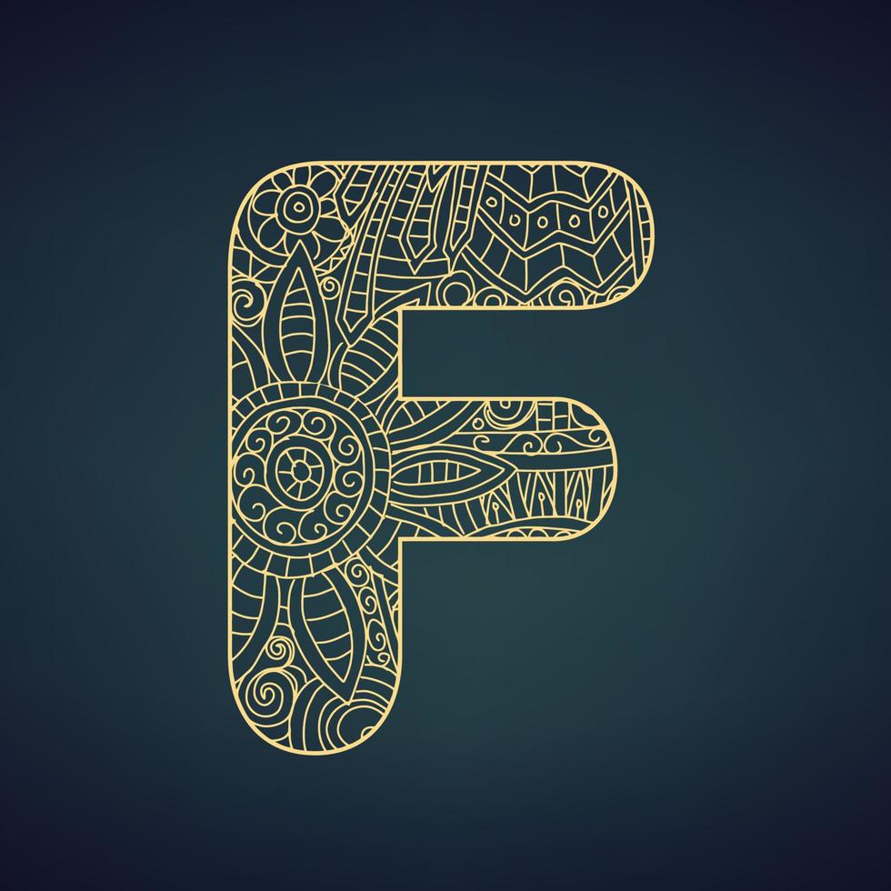 Letter F in doodle style, mandala. Alphabet in the golden style, vector illustration for coloring page
